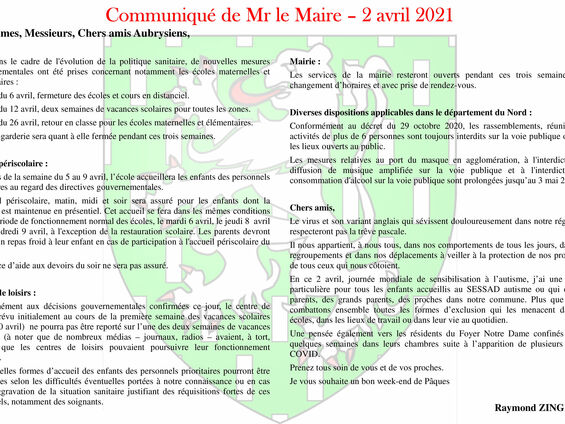 Communiqué de Mr le Maire - 2 avril 2021