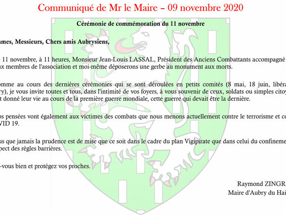 Communiqué de Mr le Maire - Cérémonie de commémoration du 11 novembre