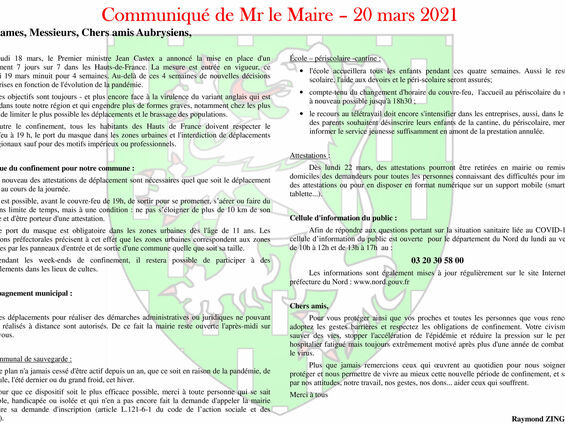 Communiqué de Mr le Maire - 20 mars 2021